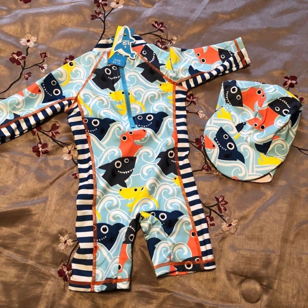 Zipper Bathing Suit Swimwear with Hat Rash Guard Surfing Suit UPF 50+